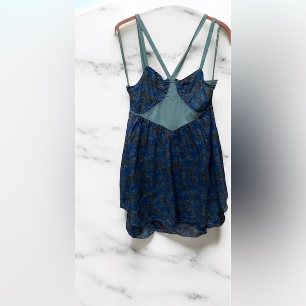 Free People Dress Blue Olive Print Unique Straps Size 4 Layered Side Zip
